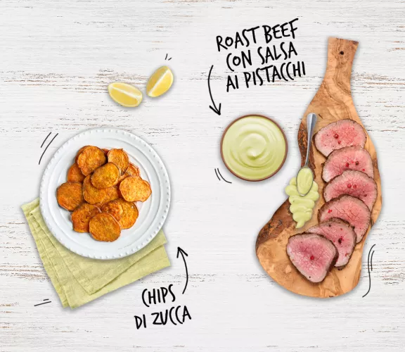 Roast - Beef con purea di pistacchi e chips di zucca