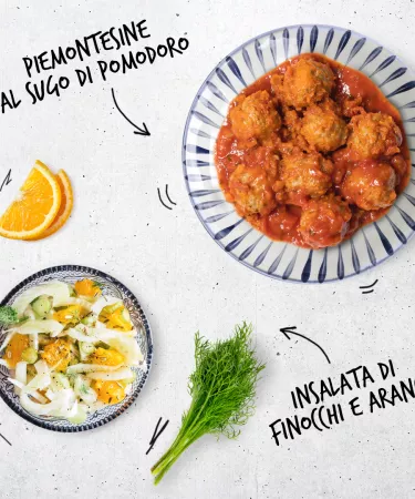 Polpette al sugo con insalata di finocchi e arancia